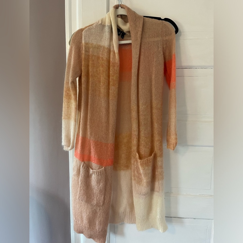 Parrish Mohair Wool Blend Cozy Long Colorblock Open Front Cardigan Pink